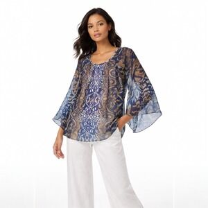 Chicos Women Sheer Blouse Blue Gold Ikat Boho Flowy Top Sz 2 US L Resort Coastal